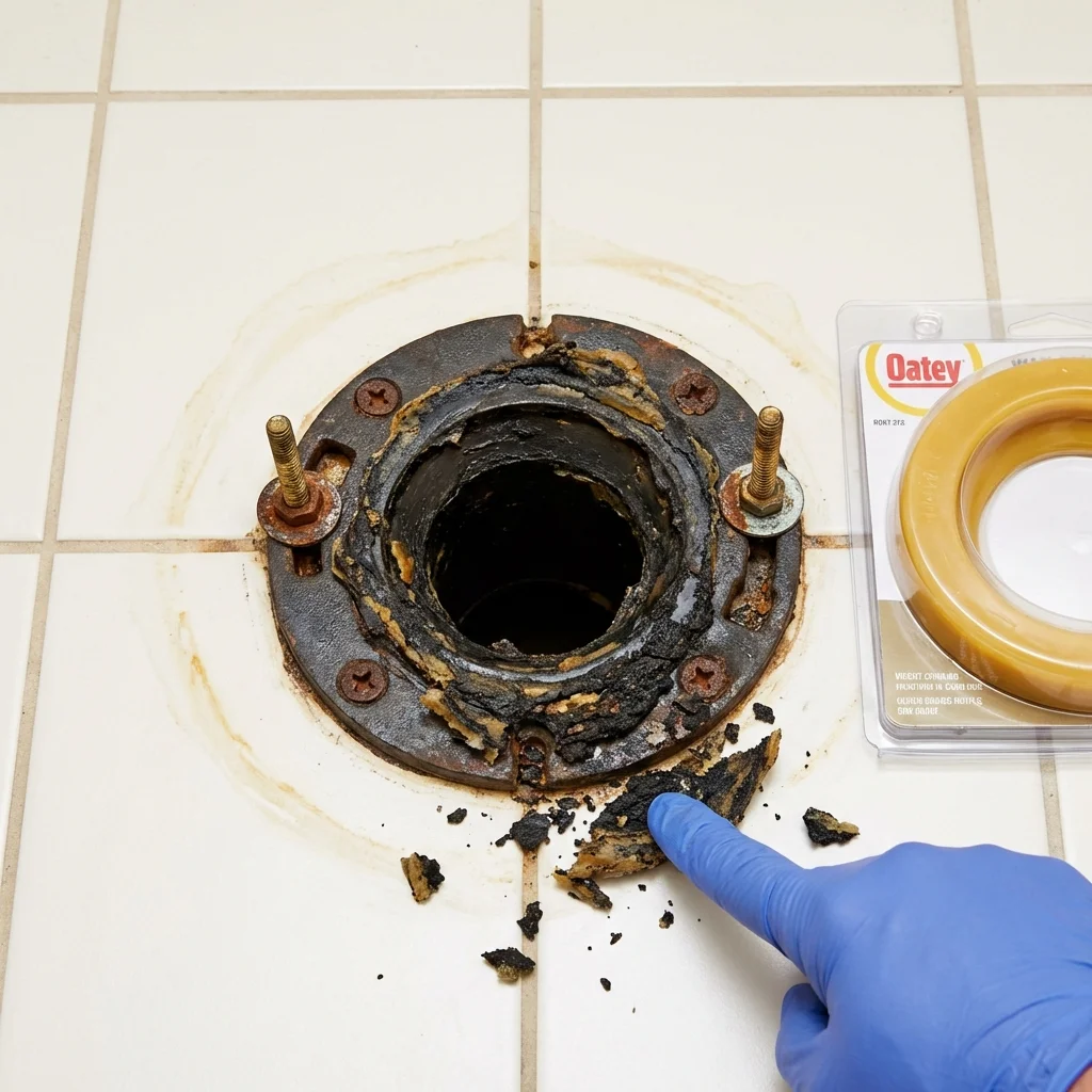 Failed wax ring showing water seepage at the base of a toilet in a Jacksonville, AR home