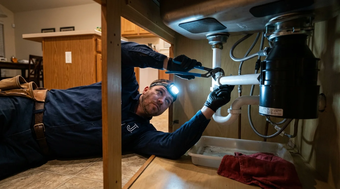 P-trap and supply line connections under a kitchen sink showing a common leak point in Jacksonville, AR